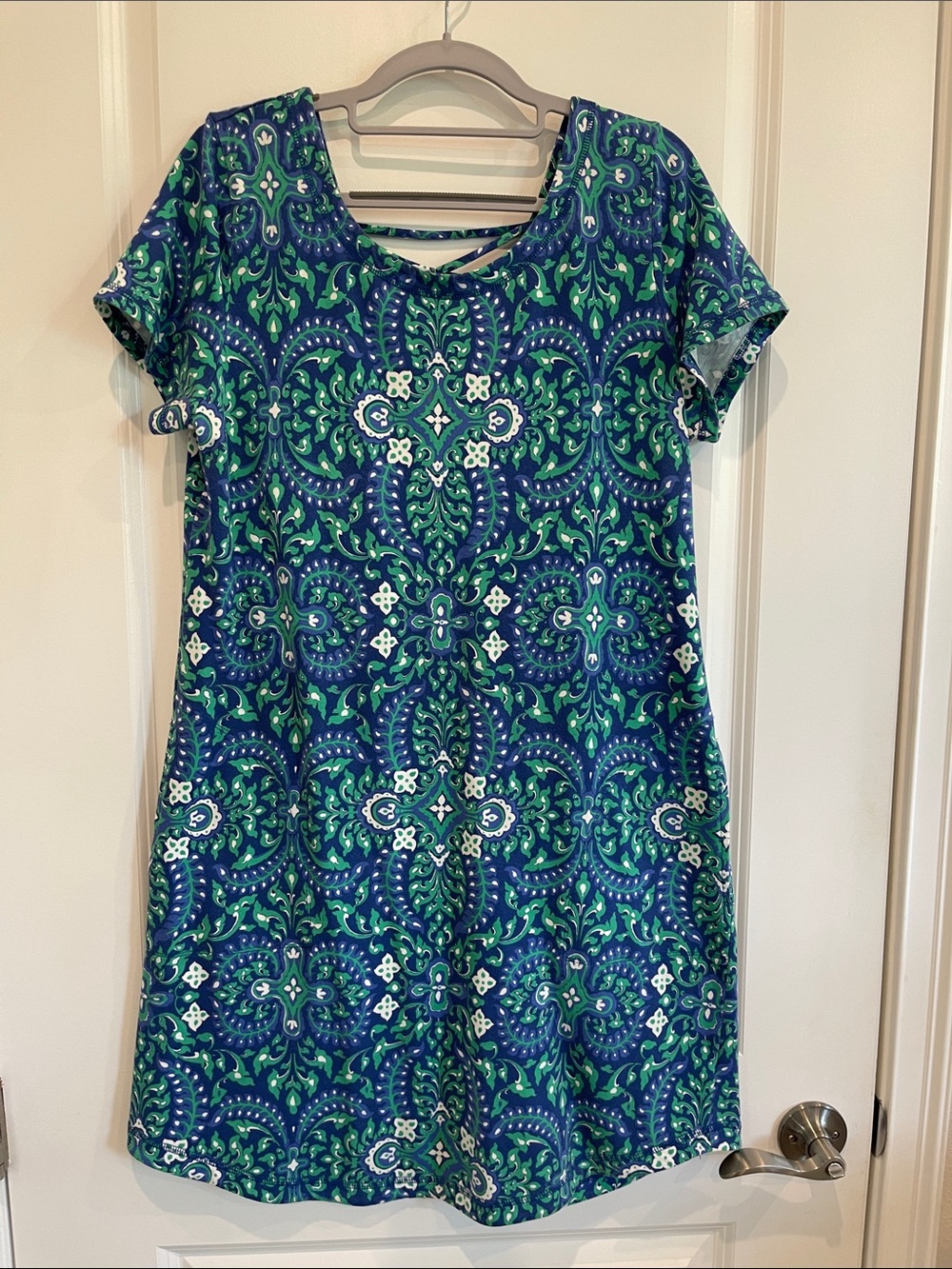 Talbots Blue and Green Printed Short Sleeve Mini Dress